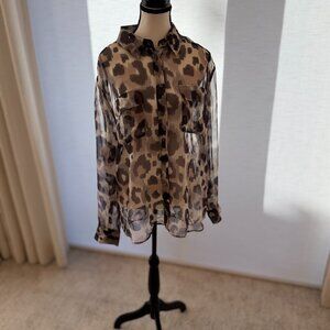 Equipment Femme Leopard Print Sheer Silk Button Front Blouse Size L